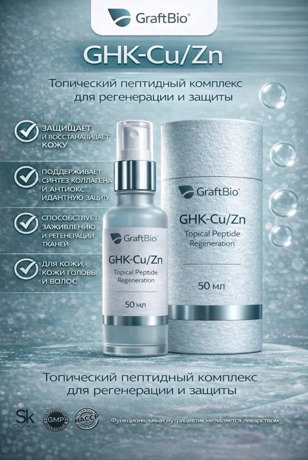 GHK-Cu/Zn Topical Peptide Regeneration пептидный комплекс аминокислот, 50 мл пептид для поддержки регенерации кожи, антиоксидантной защиты и восстановления тканей