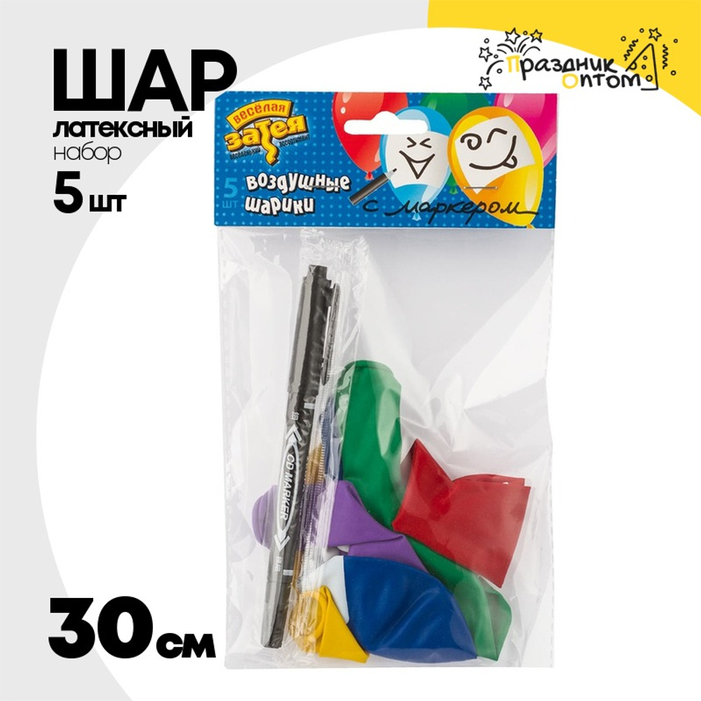 Шар латексный 30см Набор 5шт Для Пожеланий с маркером (Ассорти)