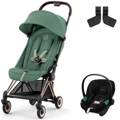 Коляска Cybex Coya Rosegold Frame Aton S2 i-Size Moon Black Leaf Green с дождевиком и бампером