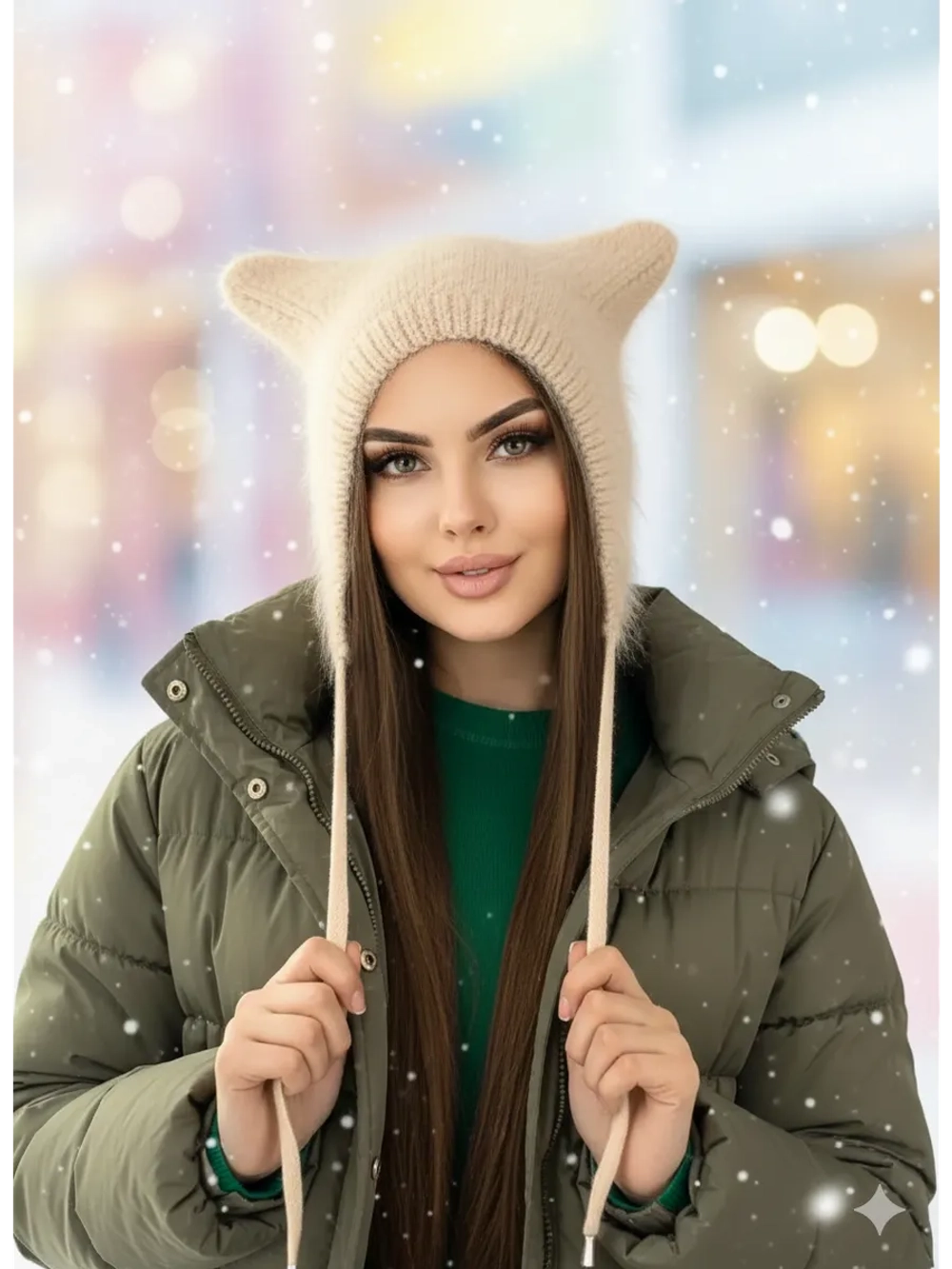 Шапка с ушками зимняя ангора вязаная