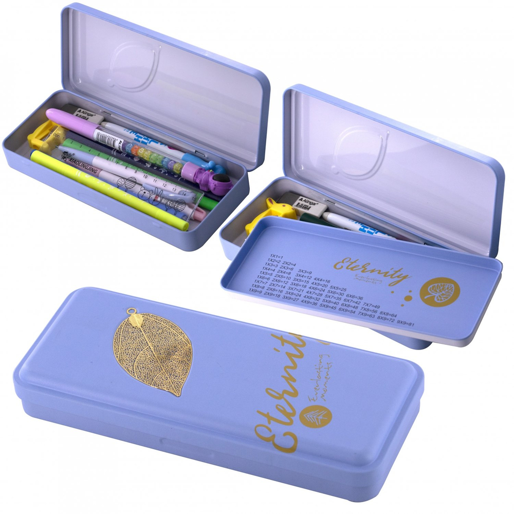 Пенал металлический 2 отделения Alingar, таблица умножения, 100 х 220 мм, "Eternity", голубой (золотой листик и надпись)