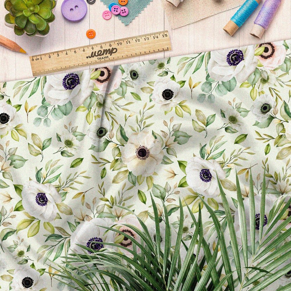 Ткань интерлок белые цветы на зеленом
