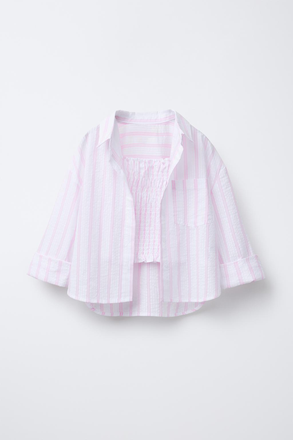 ZARA КОМПЛЕКТ ИЗ РУБАШКИ И ТОПА В ПОЛОСКУ, РОЗОВЫЙ/БЕЛЫЙ