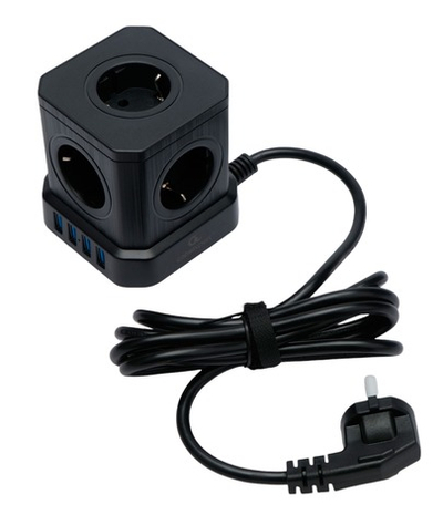 Сетевой фильтр Cablexpert Tower, TWR-5-U4-B-2, 5р, 10А, 4хUSB, 3.1А, 2м, ур.защ. 4+, коробка черный