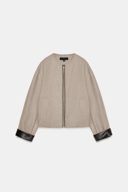 ZARA БОМБЕР С ОТДЕЛКОЙ ИЗ ИСКУССТВЕННОЙ КОЖИ, ПЕСОЧНЫЙ