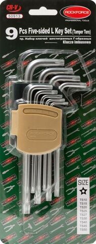 Набор ключей Г-образных TORX 5-лучевых, 9пр.(TS10, TS15, TS20, TS25, TS27, TS30, TS40, TS45, TS50 с отверстием)в пластиковом держателе RockForce##Rock FORCE RF-50913