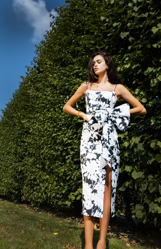 Платье миди с бантом из сатина с принтом