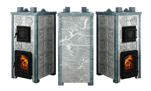 Печь Эверест "Легкий пар Профи" каменка «по-серому», Талькохлорит, Б/В, Резная (2 стор.+фасад)