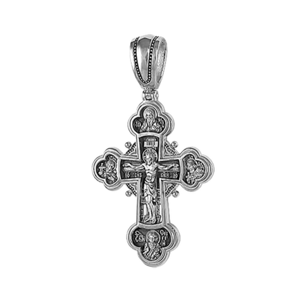 Православный крест двусторонний с Распятием Христовым и святыми. Серебро 925°