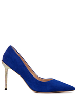 Женские замшевые синие туфли на каблуке со стразами