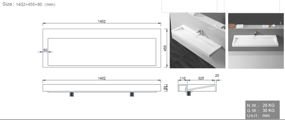 Boheme Столешница моноблок FLAT 140*46см