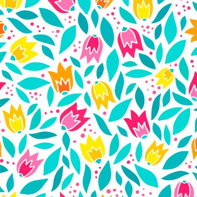 бесшовный паттерн с абстрактными тюльпанами и листьями на белом фоне