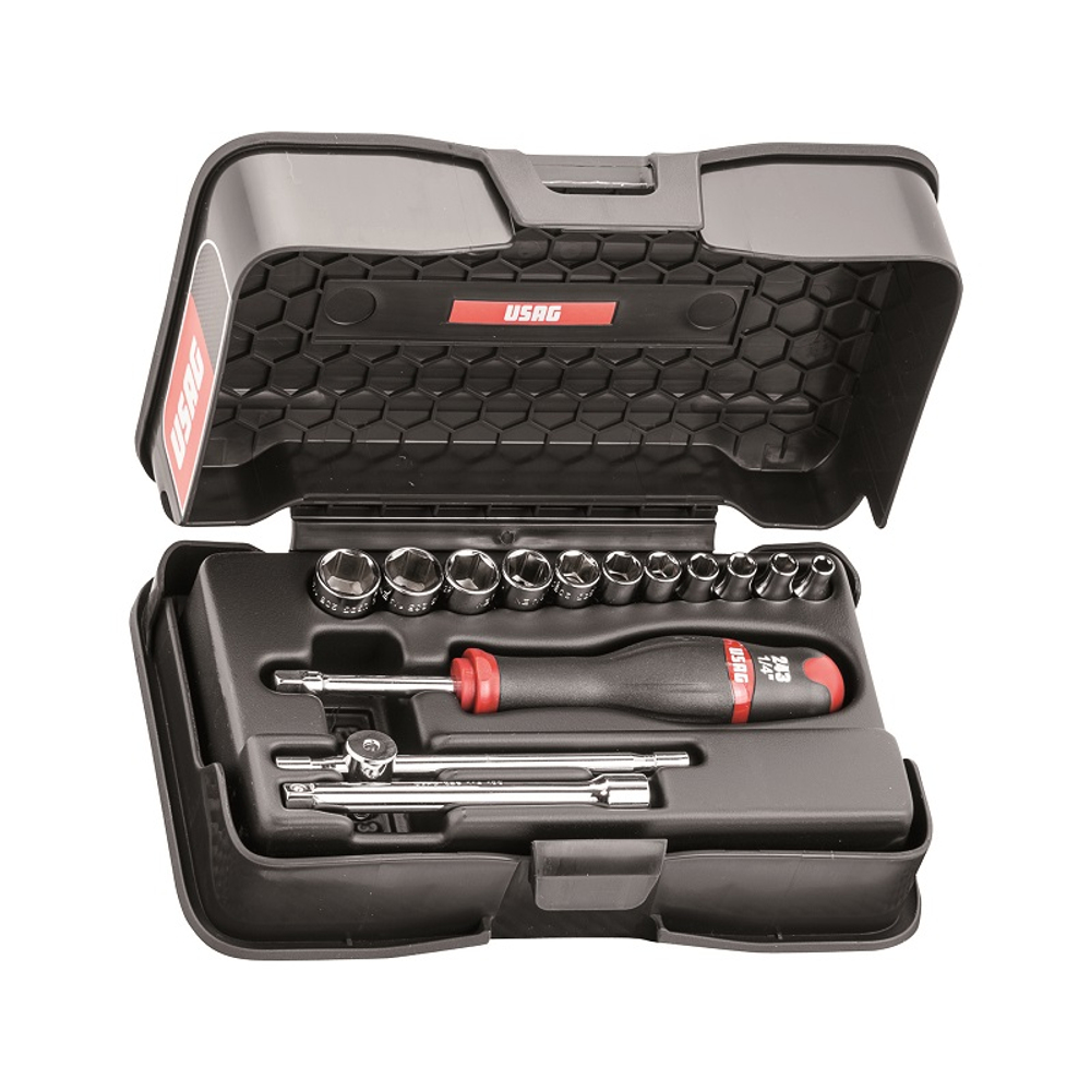604 1/4 E Набор головок и аксессуаров 1/4" в пластиковом кейсе, 14 предметов, USAG (Италия)