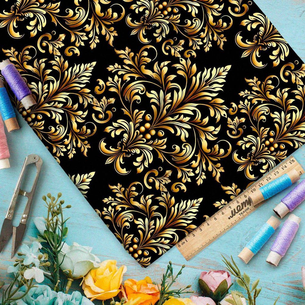 Ткань премиум интерлок золотой орнамент на черном