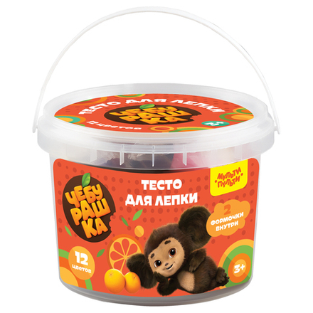 Тесто для лепки Мульти-Пульти "Чебурашка", 12 цветов*30г, пластиковое ведро + 2 формочки Чебы на кор