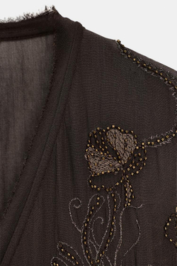 ZARA ПЛАТЬЕ С ВЫШИВКОЙ И БУСИНАМИ, КОРИЧНЕВЫЙ