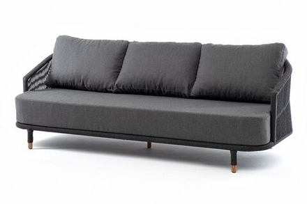 "Верона" диван 3-местный плетеный из роупа, каркас алюминий темно-серый (RAL7024) муар, роуп темно-серый круглый, ткань серая 013