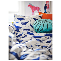 BLÅVINGAD Пододеяльник и наволочка, синий/белый китовый узор, 150x200/50x60 см