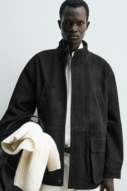 ZARA ПАРКА СВОБОДНОГО КРОЯ ИЗ КОЖИ, АНТРАЦИТОВО-СЕРЫЙ