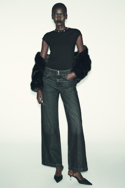 ZARA ФУТБОЛКА С КОРОТКИМИ РУКАВАМИ И БУСИНАМИ, ЧЕРНЫЙ