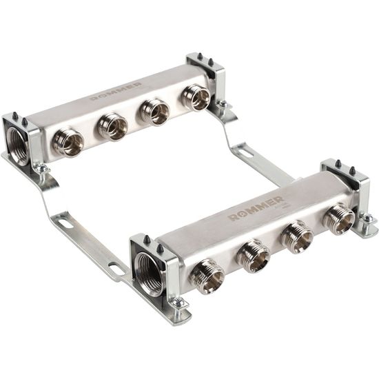 Коллектор Rommer 1"x3/4" на 4 контура для радиаторной разводки (нерж. сталь) RMS-4401-000004