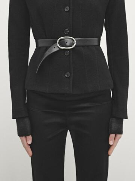 Massimo Dutti Кожаный ремень с овальной пряжкой, черный