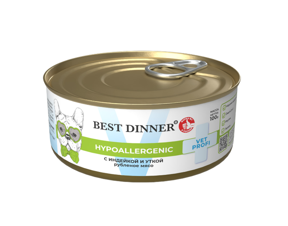 Влажный корм Best Dinner Exclusive Vet Profi Hypoallergenic, для собак с индейкой и уткой, 100 г