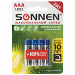 Батарейки комплект 4 шт. SONNEN Super Alkaline AAA (LR03 24А) алкалиновые мизинчиковые в блистере (12 штук в упаковке)