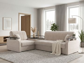 Диван угловой с Баром Денвер 1,8 - Velutto 17 бежевый/  коричневая накладка