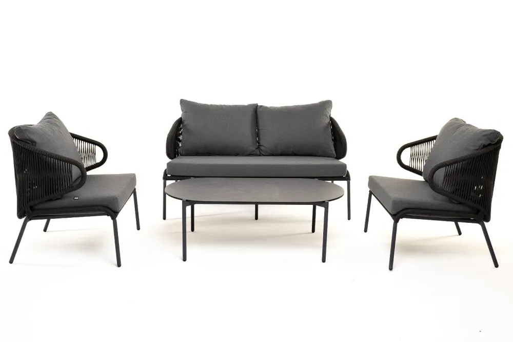 "Милан" лаунж-зона 4-местная плетеная из роупа (веревки), каркас алюминиевый темно-серый, роуп темно-серый