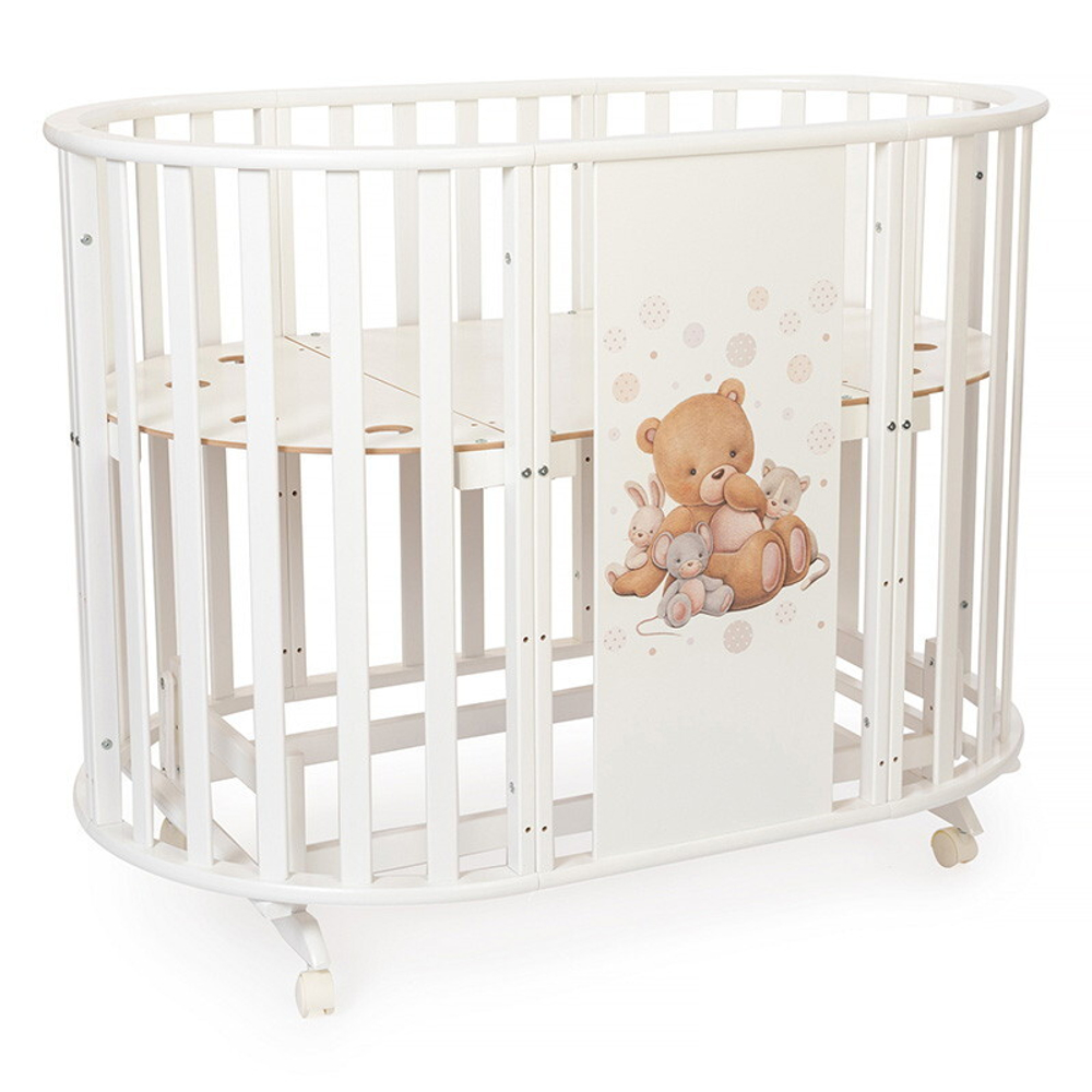 Кроватка-трансформер овальная Vikalex Мишкина Компания с маятником белый