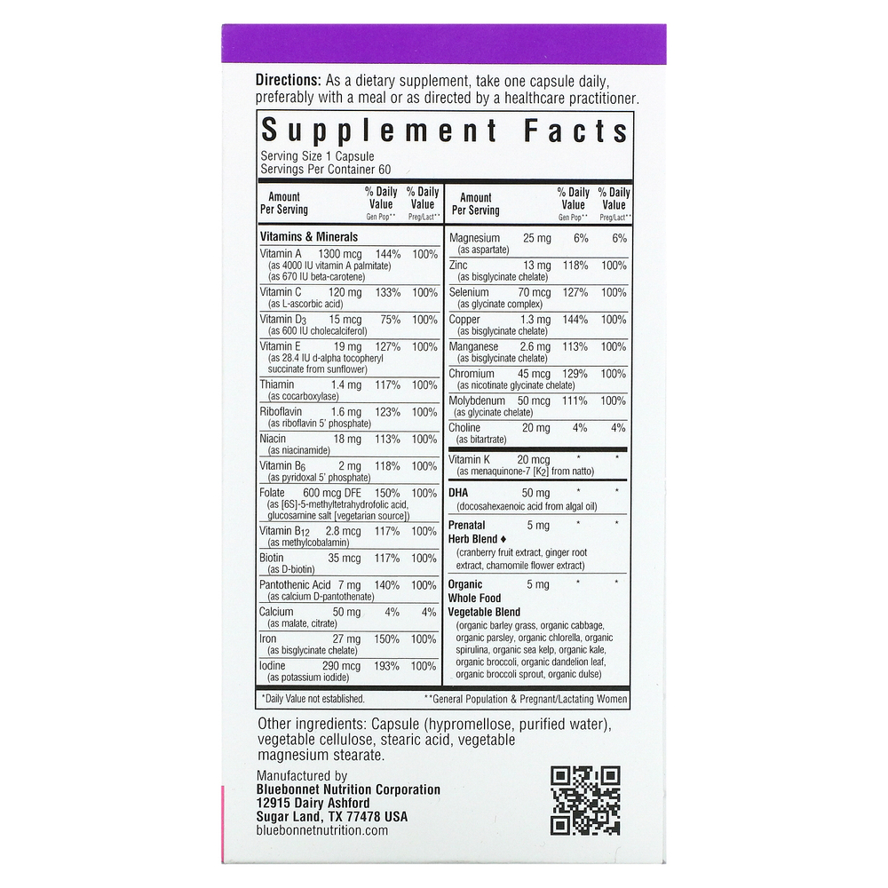 Bluebonnet Nutrition, Ladies' ONE, мультивитаминная добавка на основе цельных продуктов, для беременных, 60 растительных капсул