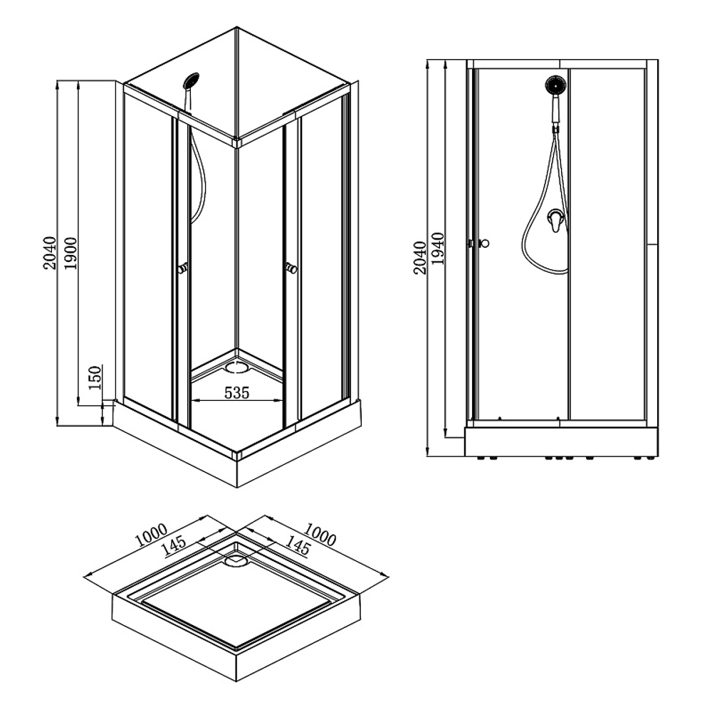 Душевая кабина Loranto NEO 100x100x(190+15) c низким поддоном 15см, прозрачное закаленное стекло 5 мм,задние стеклянные стенки белые, профиль черный-матовый (CS-21801-100)