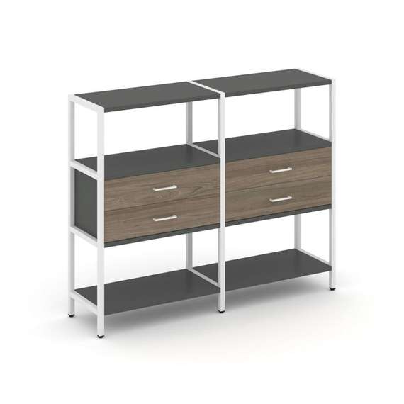 Shelf System Двухсекционный стеллаж трехярусный с ящиками SN.STM-322 Антрацит/Вяз Благородный/Металл