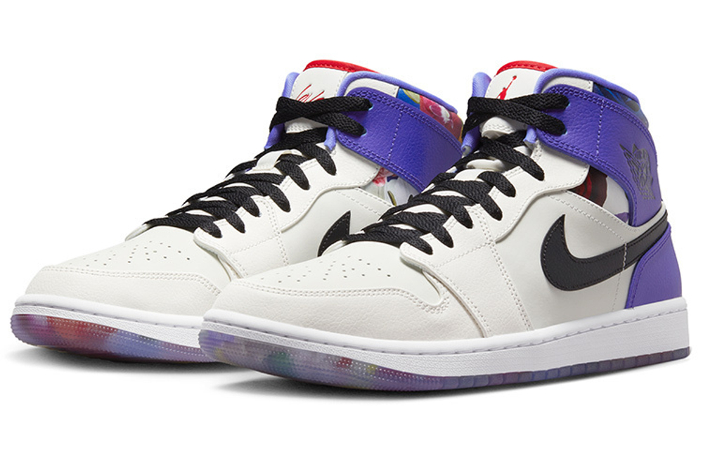 Jordan Air Jordan 1 Air Jordan 1 Mid "Flower Garden" leather shock absorption non-slip wear-resistant mid-top retro basketball shoes white purple