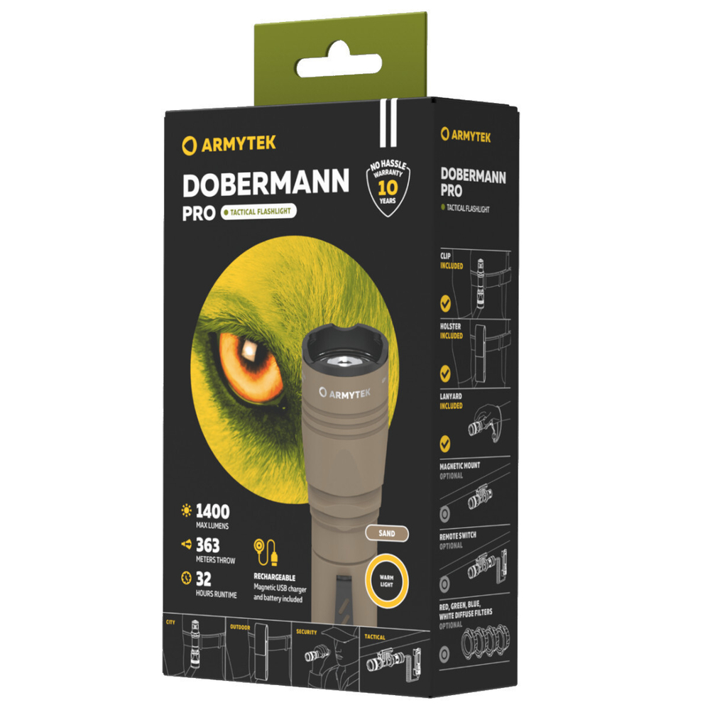 Фонарь светодиодный тактический Armytek Dobermann Pro Magnet USB Sand, 1400 лм, теплый свет, аккумул
