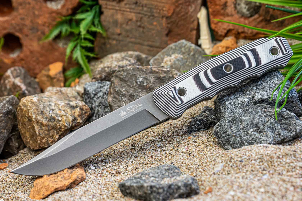 Нож Kizlyar Supreme ENZO AUS-8 TW G10-BWH KS (TacWash, G10 Black-White Handle, Kydex Sheath)