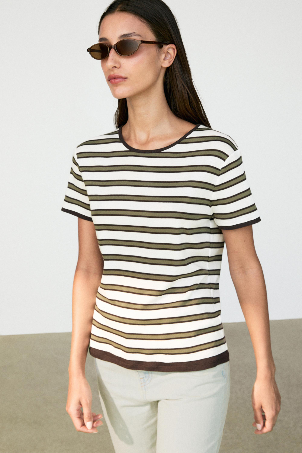 Massimo Dutti Хлопковая футболка в полоску с короткими рукавами, хаки