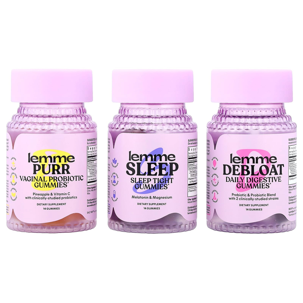 Lemme, Праздничные жевательные таблетки Essentials, Purr, DeBloat, для сна, 3 флакона, 14 жевательных таблеток в каждом