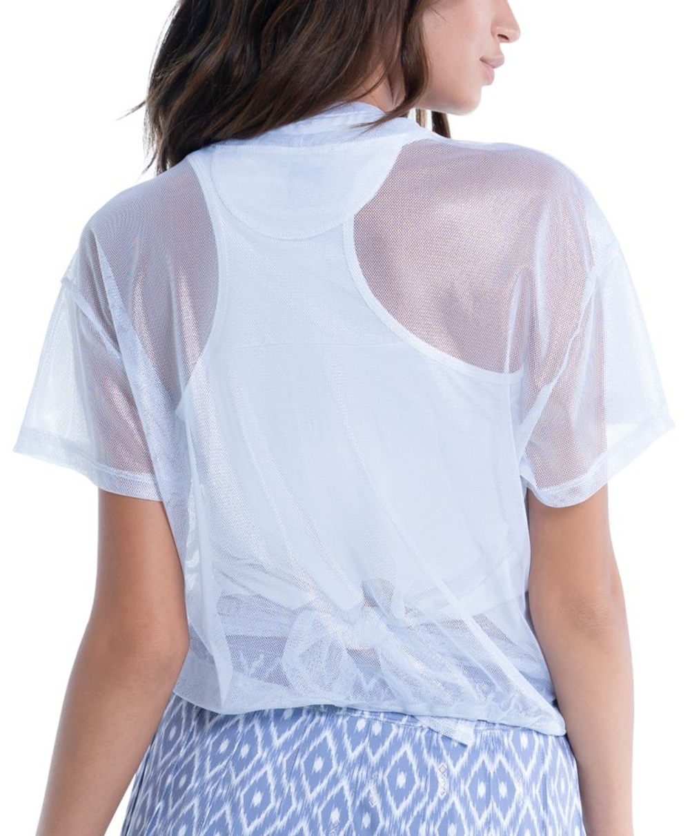 Женская теннисная футболка Lucky in Love All About Ikat Pearlized Mesh Short Sleeve Top - metallic silver