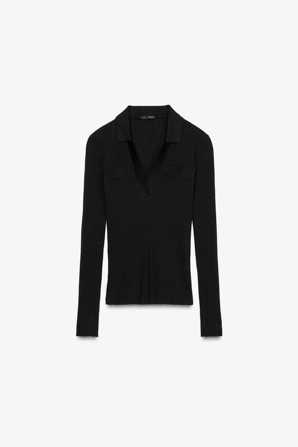 ZARA ФУТБОЛКА В РУБЧИК С ВОРОТНИКОМ ПОЛО, ЧЕРНЫЙ