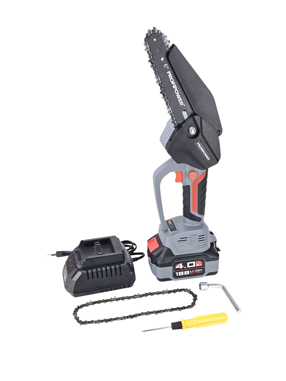 Аккумуляторная бесщеточная цепная пила PROFIPOWER MKGST-18V (18В,Li-ion-2шт, 2.0Ач, шина 6",37звеньев,2шт-цепи,0-4500 об/мин, З/У, в коробке)