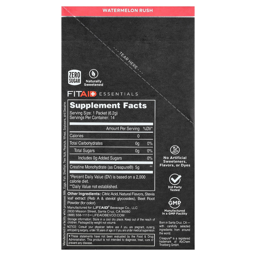 FITAID, Essentials, моногидрат креатина, со вкусом арбуза, 14 стик-пакетов по 6,2 г (0,22 унции)