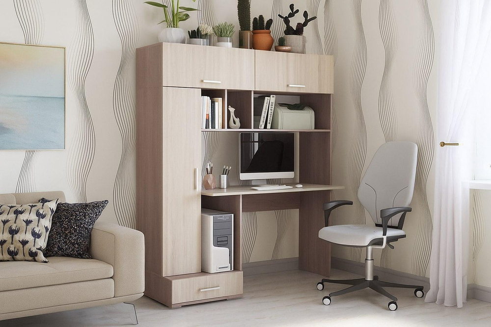 Стол компьютерный с ящиками и полками Дуб Сонома/Белый глянец 150х57х180 см