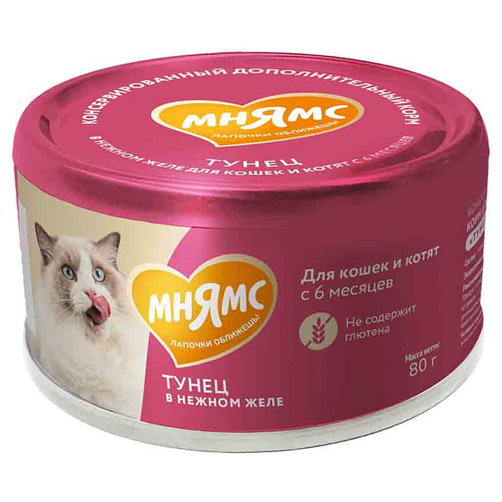 Влажный дополнительный корм Мнямс На каждый день для кошек и котят старше 6 месяцев "тунец в нежном желе" 80 г