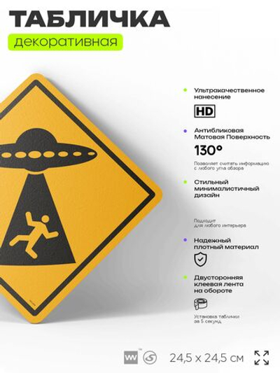 Табличка "Осторожно, тарелка НЛО" шуточная прикольная табличка на дверь и стену, для офиса и дома, декоративный знак, 24,5х24,5 см, пластиковая, Айдентика Технолоджи
