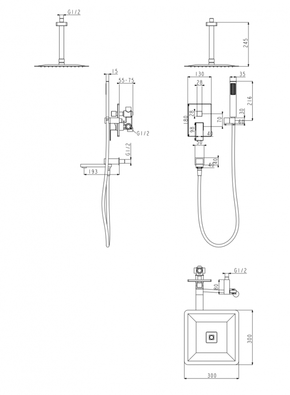 Душевая система скрытого монтажа Grocenberg GB5089BL-2 Чёрный матовый