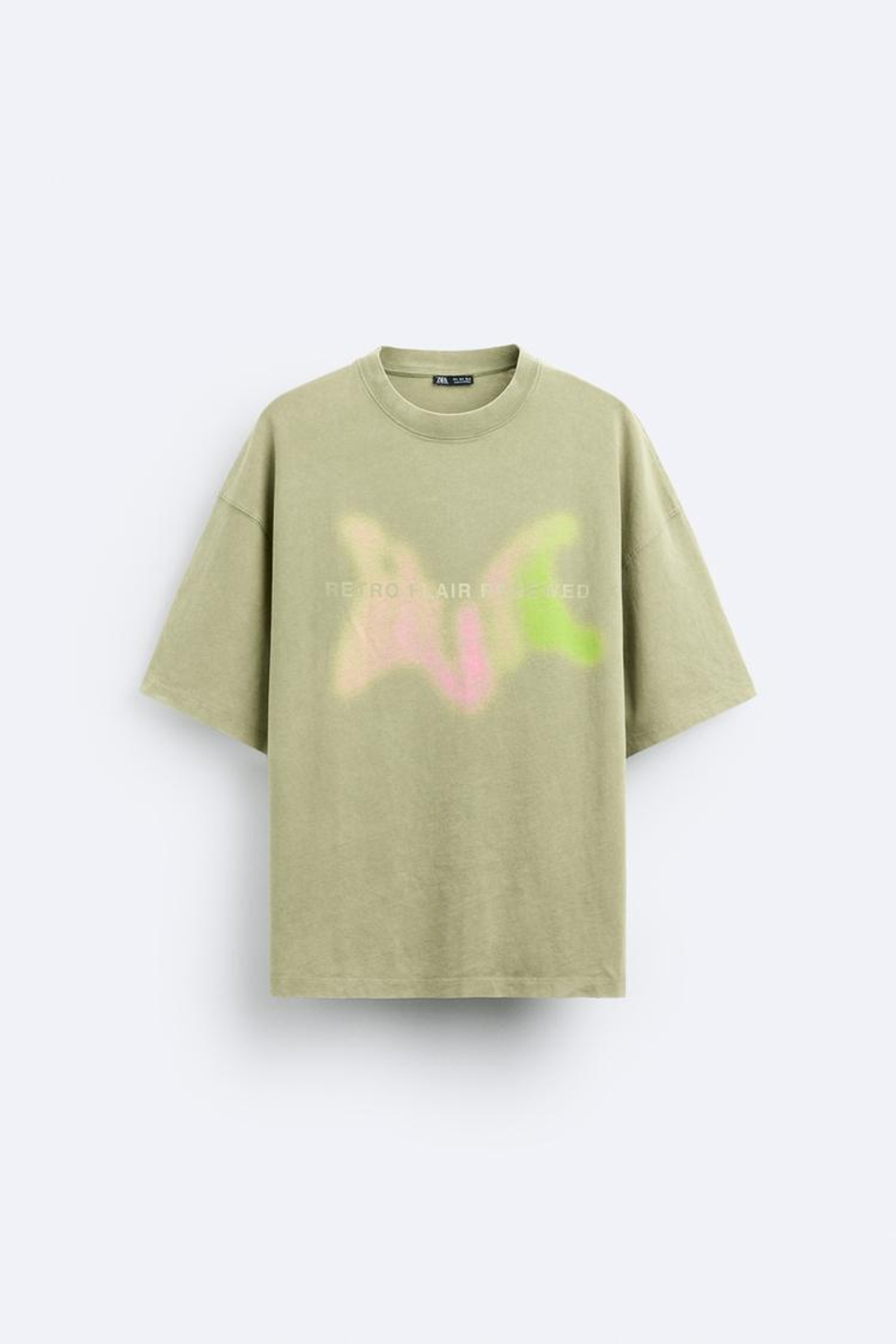 ZARA ФУТБОЛКА С ПРИНТОМ, ЛИНЯЛЫЙ ЗЕЛЕНЫЙ