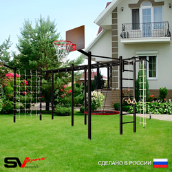 Уличная шведская стенка Sv Sport рукоход х 2 с комплектом турник прямой 2шт У52277К (Турник/Гнездо 80см/Щит баскет/Кронш бокс/Канат/кольца/лестница/Сетка)