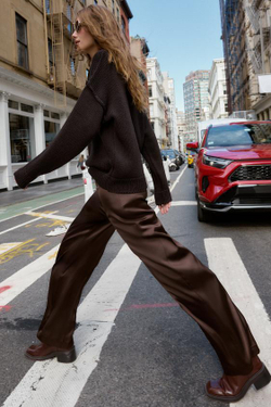 ZARA АТЛАСНЫЕ БРЮКИ ПРЯМОГО КРОЯ, КОРИЧНЕВЫЙ